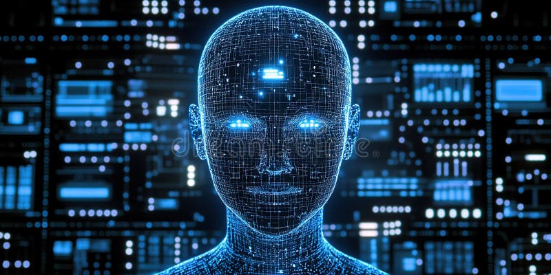 Digital humanoid with glowing features in a technology-driven environment showcasing advanced computing stock photography