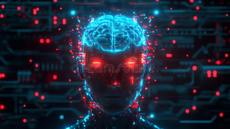 Digital humanoid head with glowing neural brain and futuristic circuit background stock illustration