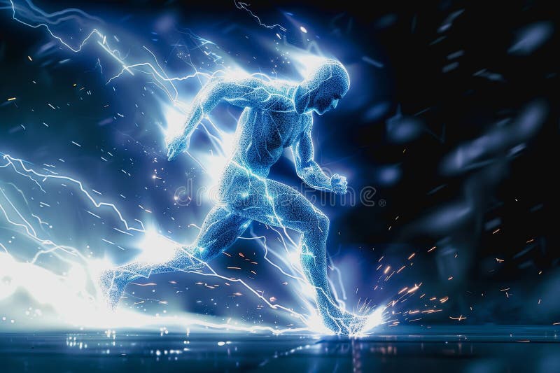 Digital humanoid sprinting in a futuristic, glowing blue lines, dark background stock photos
