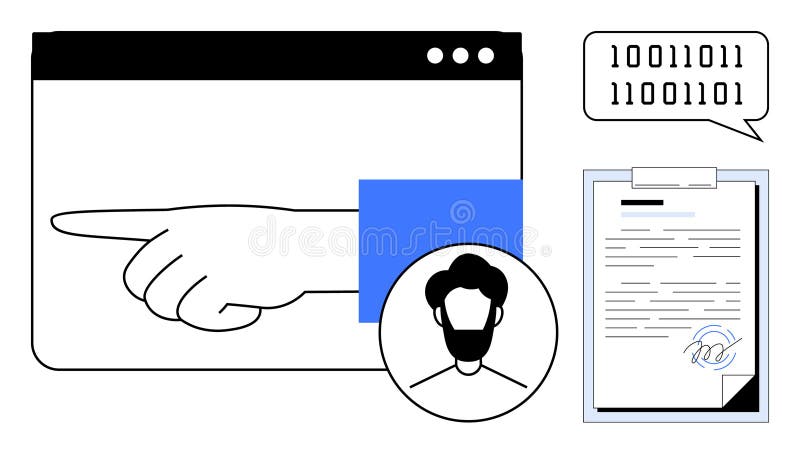 Hand in a browser window, persons profile, code speech bubble, and signed document. Ideal for cybersecurity, online identity, data sharing, user consent, digital contracts compliance simple flat. User consent vectors
