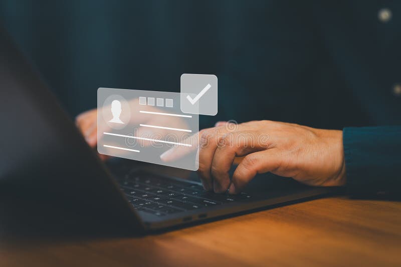 Digital identity verification and user authentication concept showing a person using laptop computer with a virtual ID card and check mark symbolizing secure login, data privacy and account approval. Laptop personal computer stock images, royalty-free photos and pictures