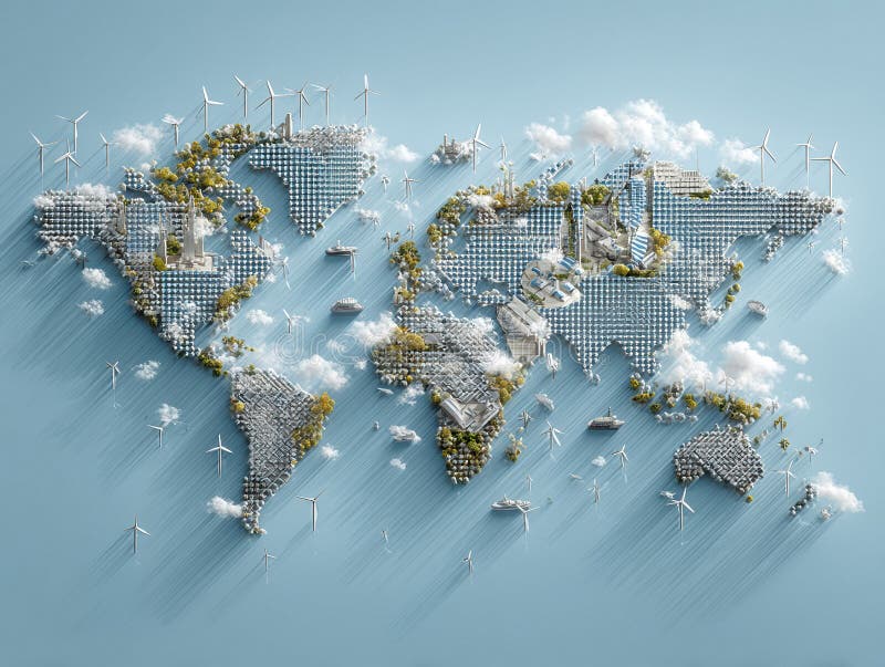 Digital illustration of abstract Earth, showcasing renewable energy technology, map-like outline, green foliage, blue water bodies stock photo
