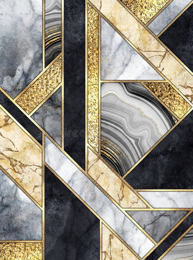 Digital illustration, abstrakt konsthistorik, modernt mosaiskt inlägg, konsistens hos marmoragat och minimal geometrisk guldhalt stock illustrationer