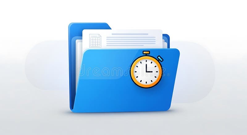 A digital illustration of a blue file folder containing several documents, depicted a royalty free illustration