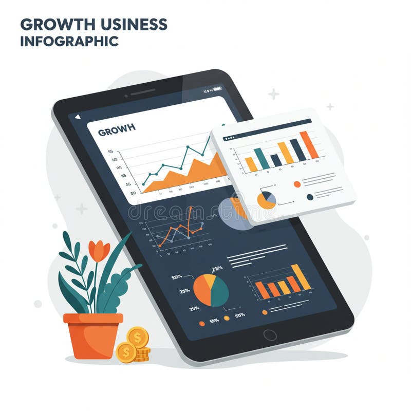 A digital illustration of a business growth infographic displayed on a tablet. The stock illustration