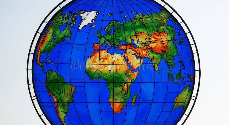 Digital illustration of a colorful labeled world globe with grid pattern on blue background for geography and education concepts stock illustration