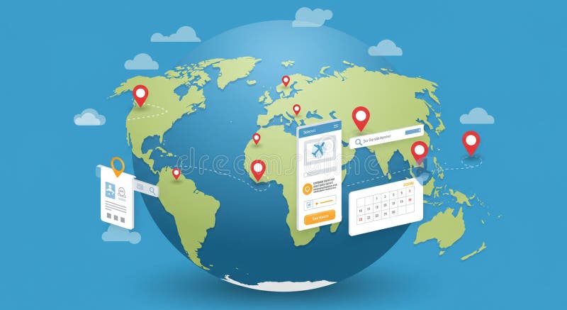 A digital illustration of a 3D globe centered on the Atlantic Ocean. Red location pin royalty free illustration