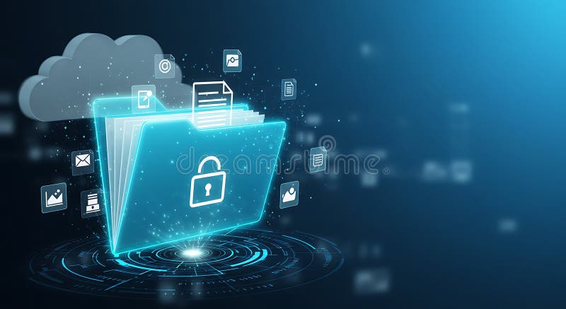A digital illustration depicting a glowing blue folder with a lock icon, symbolizing royalty free illustration