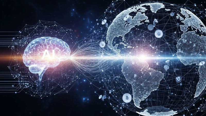 Stylized glowing brain labeled AI is shown with circuit like vector illustration