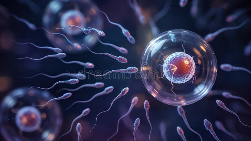 Conceptual illustration of sperm cells swimming toward an egg for fertilization in a biological reproduction process