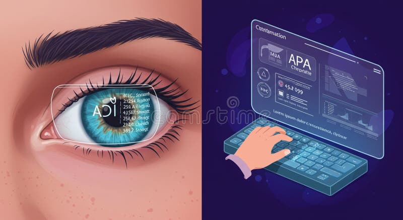 A digital illustration depicts a futuristic human-computer interaction. On the left, a royalty free illustration