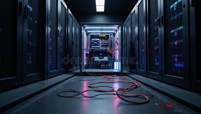 A digital illustration depicts a quantum server network housing a cuttingedge quantum computer machine within a sophisticated royalty free illustration