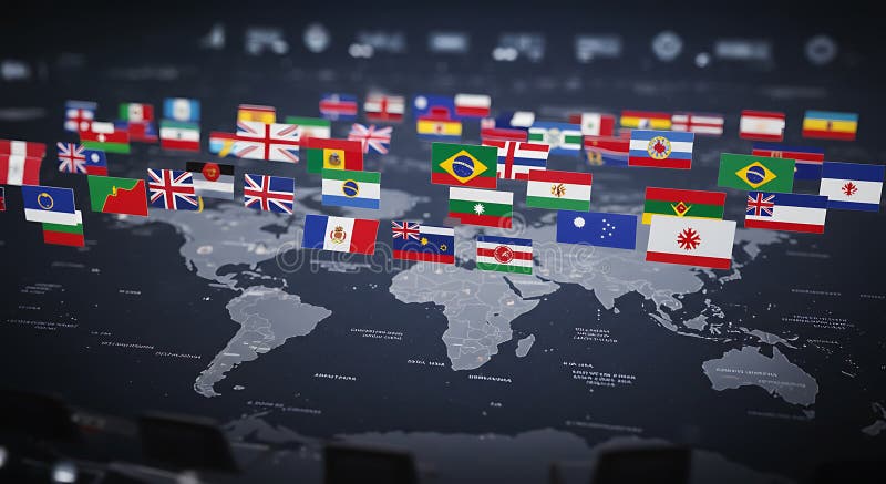 Global Flags on World Map: International Unity and Connectivity stock illustration