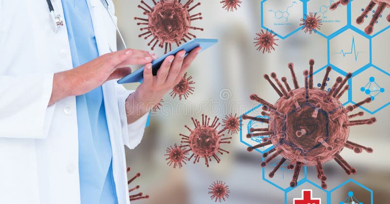 Digital illustration of a doctor using a digital tablet over macro Coronavirus Covid-19 cells floati. Ng in the background. Medicine public health pandemic royalty free stock images Digital illustration of a doctor using a digital tablet over macro Coronavirus Covid-19 cells floati. Ng in the background. Medicine public health pandemic royalty free stock images