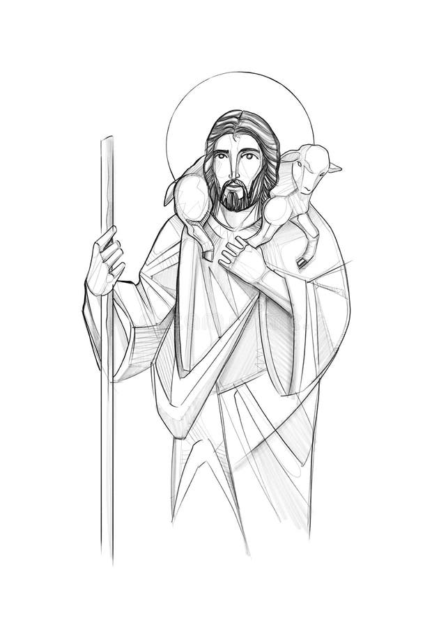 Jesus Christ Good Shepherd Ink Illustration Stock Vector - Illustration ...
