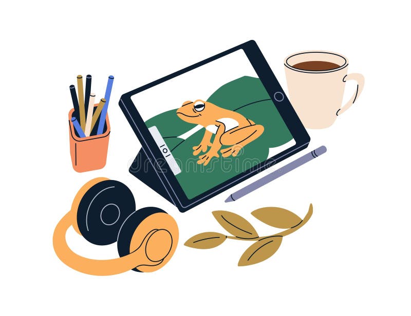 Digital illustration on electronic tablet PC. Creative workplace with drawing pad and picture on screen, stylus pen, tea vector illustration