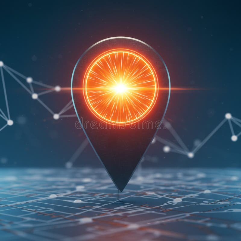 A digital illustration features a glowing orange pinpoint marker positioned over stock illustration