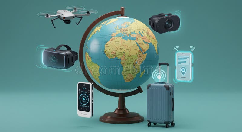 A digital illustration featuring a globe centered against a teal background, surrounded royalty free illustration