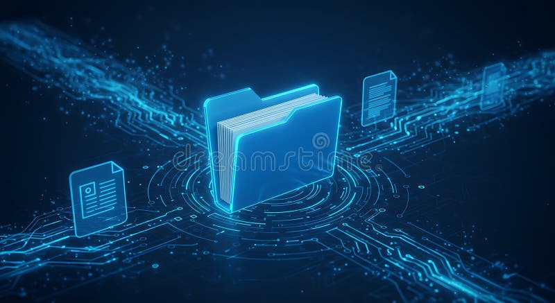 A digital illustration featuring a glowing blue folder icon at the center, surrounded stock illustration