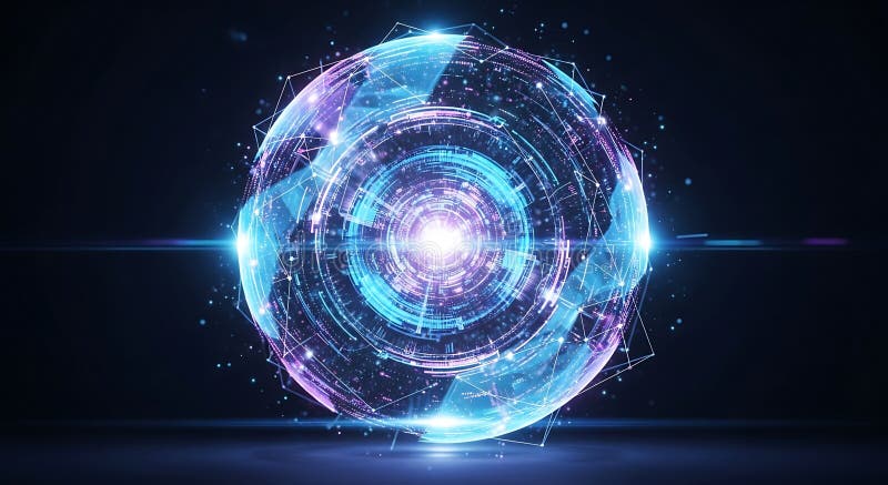 A digital illustration featuring a glowing, spherical object with a complex geometr royalty free illustration
