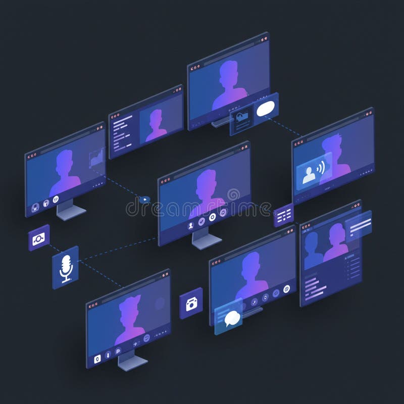 Digital illustration featuring nine computer screens arranged in a 3D network pattern. royalty free illustration