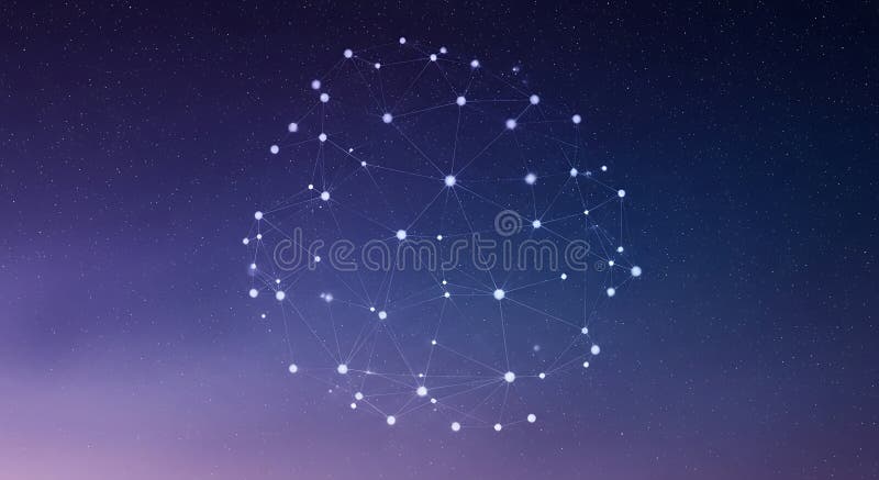 A digital illustration featuring a spherical network of interconnected white dots an vector illustration