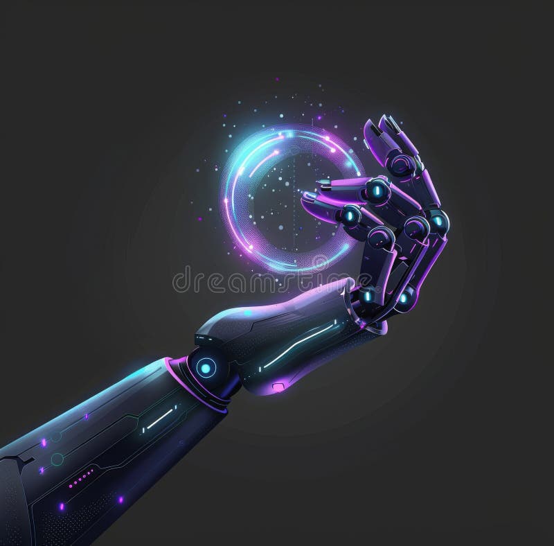 Robotul Ai Futurist care ține un glob digital strălucitor într-un fond întunecat care simbolizează tehnologia și inovația stock illustration