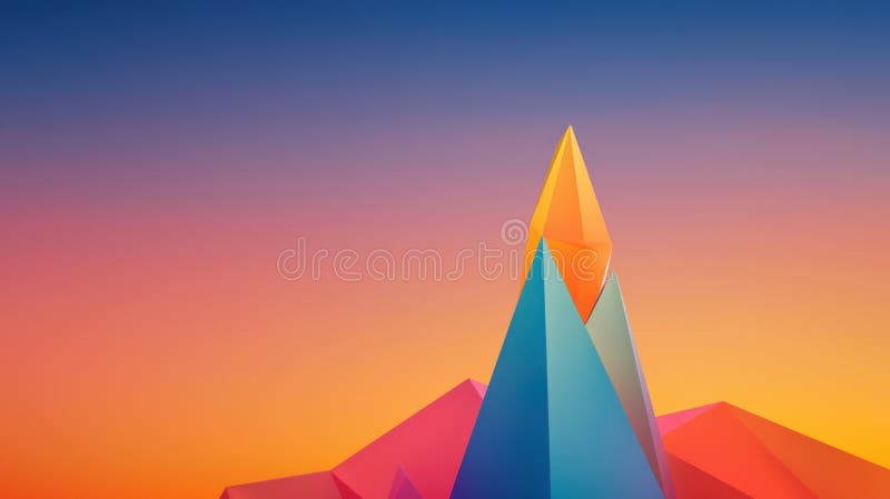 A digital illustration of a geometric structure against a gradient sky. stock image