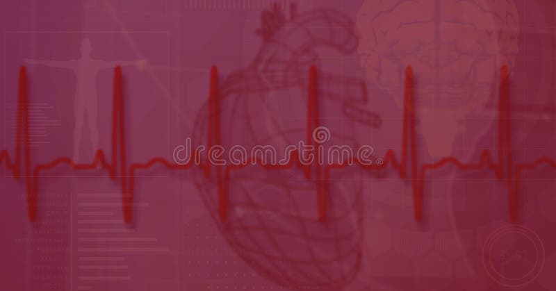 Digital illustration of a heartbeat monitor over a heart medical book drawing on a red background. Medicine public health pandemic coronavirus Covid 19 outbreak concept digital composite.