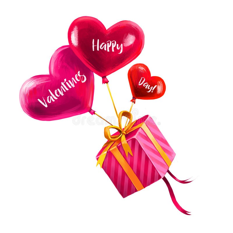 Digital illustration of holiday gift flying on heart shaped balloons. Present in pink wrapping paper and golden ribbon. Happy stock illustration Digital illustration of holiday gift flying on heart shaped balloons. Present in pink wrapping paper and golden ribbon. Happy stock illustration
