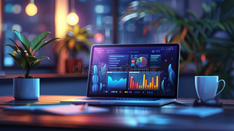 Digital illustration of a laptop displaying a website with pop-up annotations highlighting SEO strategies like metadata optimization, descriptive file names, relevant keywords, and alt text. Set in a modern office with warm lighting, plants. Annotations ai stock images, royalty-free photos and pictures