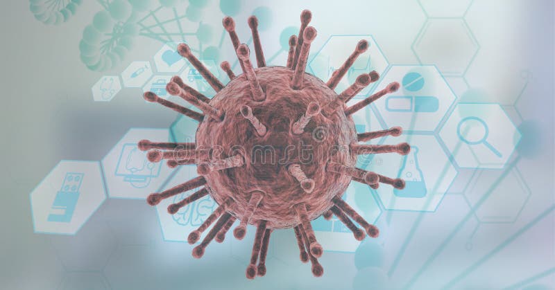 Digital illustration of a macro Coronavirus Covid-19 cell and medical icons floating on white background. Medicine public health pandemic coronavirus Covid 19 outbreak concept digital composite.