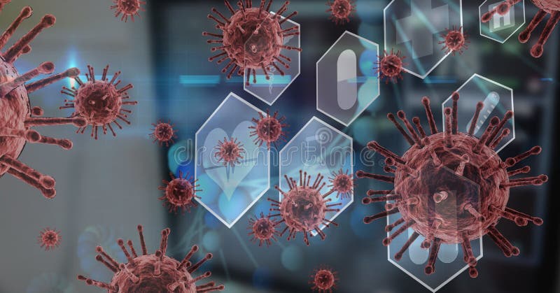 Digital illustration of macro Coronavirus Covid-19 cells floating, medical icons over a computer monitor in the background. Medicine public health pandemic coronavirus Covid 19 outbreak concept digital composite. Digital illustration of macro Coronavirus Covid-19 cells floating, medical icons over a computer monitor in the background. Medicine public health pandemic coronavirus Covid 19 outbreak concept digital composite.