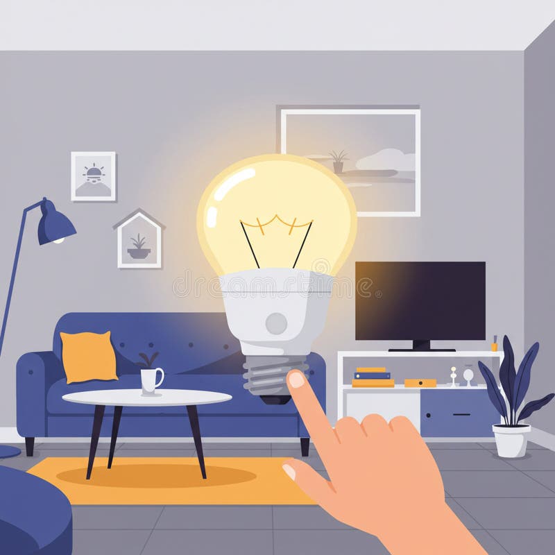 A digital illustration of a modern living room featuring a large, illuminated light bulb in stock illustration