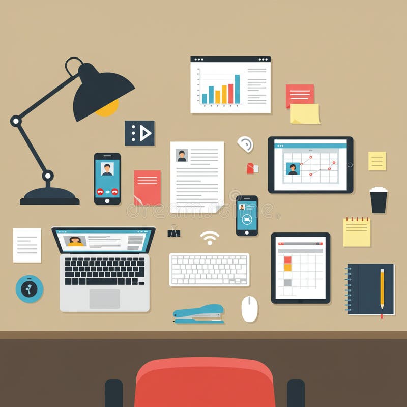 A digital illustration of an organized office workspace with a bird\'s-eye view. Includes royalty free illustration