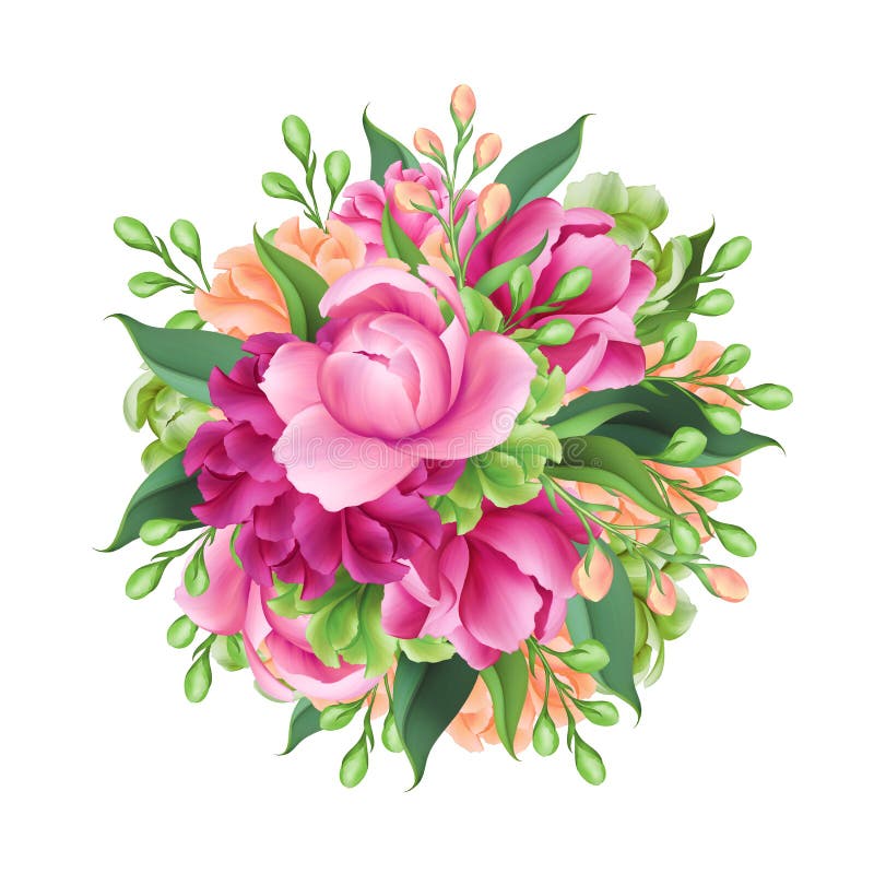 Digital illustration, rund brud- grupp av blommor som isoleras på vit bakgrund royaltyfri foto Digital illustration, rund brud- grupp av blommor som isoleras på vit bakgrund royaltyfri foto
