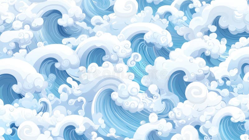 A digital illustration of a sea wave with white clouds. stock photo