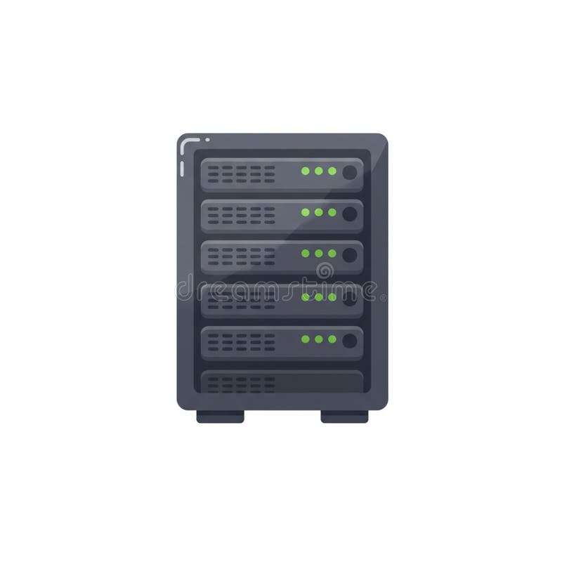 A digital illustration of a server rack with a modern, sleek design. It features five royalty free illustration