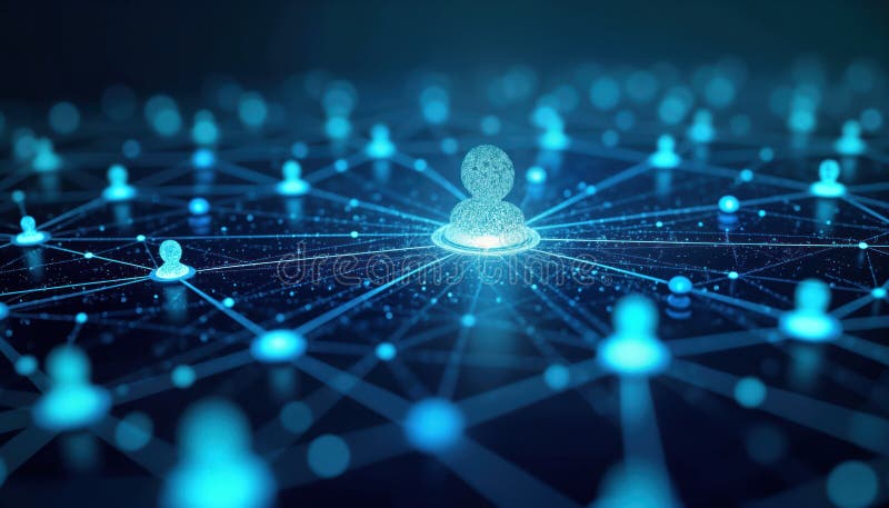 Digital illustration shows AI algorithms analyzing social media data to predict communication trends. Tech system displays central person surrounded by, network of interconnected. AI generated