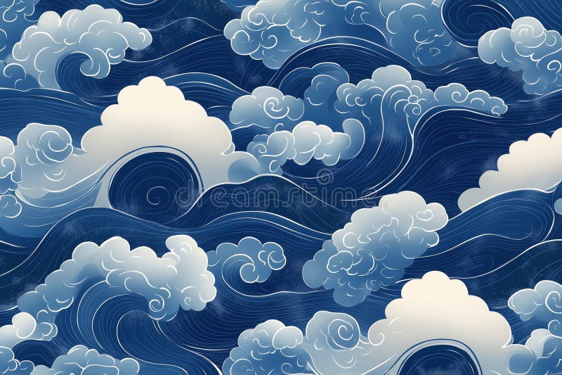 Digital illustration of swirling blue waves and clouds in an ocean setting royalty free stock photos