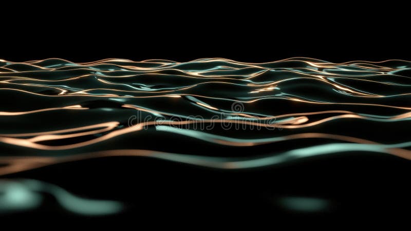 A digital illustration of a wave-like pattern with a gradient of colors. The image presents a captivating scene of a wave-like pattern, possibly representing water. The wave-like pattern is composed of numerous thin, curved lines that create a sense of movement and fluidity. The lines are predominantly in shades of blue and orange, with the orange lines appearing to be illuminated from within, giving them a glowing effect. The background is a stark black, which contrasts with the vibrant colors of the wave-like pattern, making it stand out prominently. The image is devoid of any text or discernible objects, allowing the viewer to focus solely on the mesmerizing wave-like pattern. AI generated