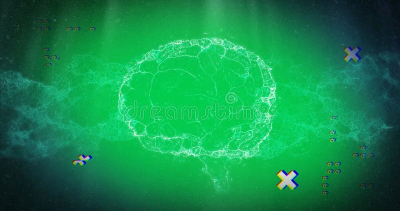 Digital image of abstract shapes over human brain spinning against green background royalty free illustration