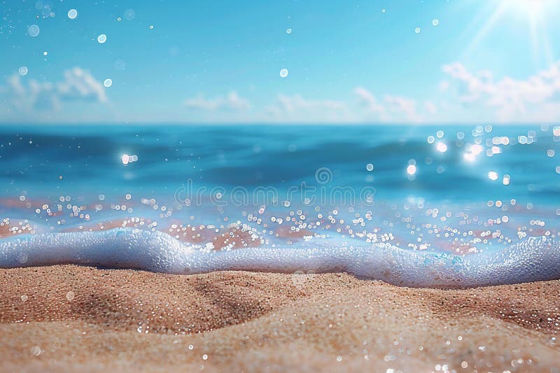 Digital image of blurred light blue sky and sandy beach background with bokeh, summer vacation concept banner template, soft stock illustration