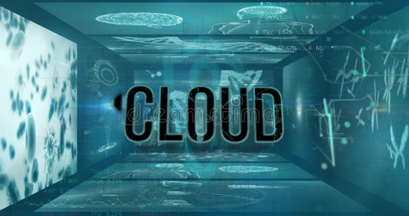 Digital image of cloud text moving over graphical medical structure. Digitally generated, multiple exposure, cloud computing, database, healthcare, futuristic, technology, artificial intelligence.