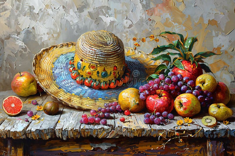 Digital image of colorful straw hat is siting on a wooden table vector illustration.