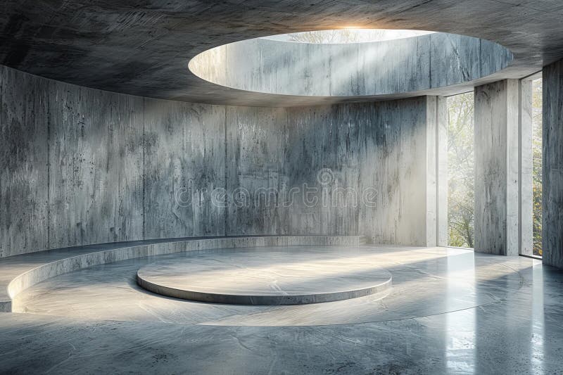 Digital image of concrete room with a circular shaped floor, high quality, high resolution royalty free illustration.