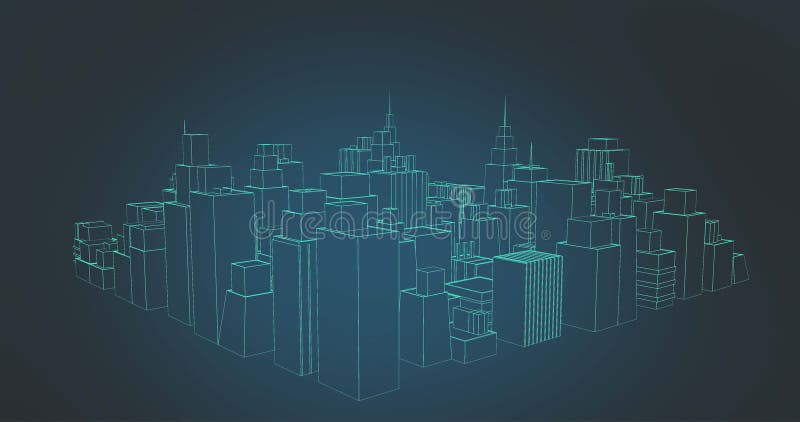 Digital image of 3D blueprint model of a city rotating against dark background royalty free illustration