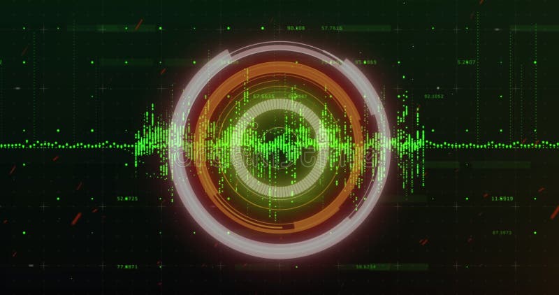 Digital image of data processing over neon round scanner against black background stock image