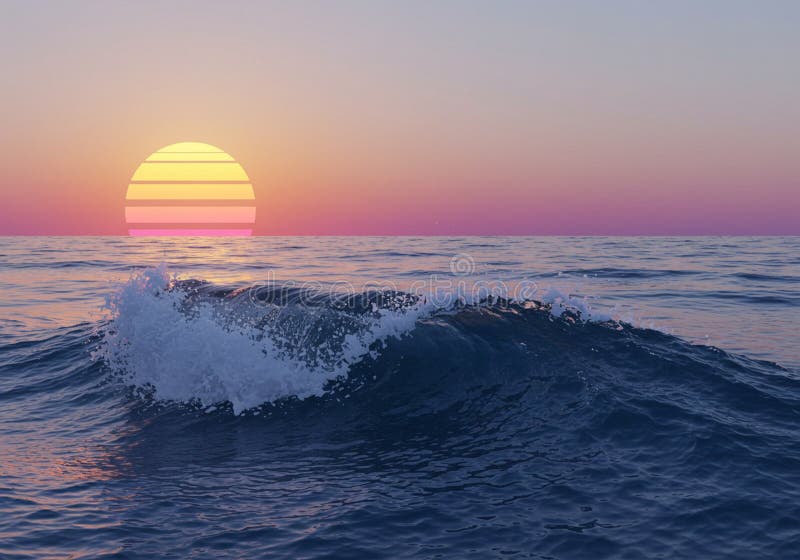 A digital image depicting a serene ocean scene at sunset. A single wave, topped with vector illustration