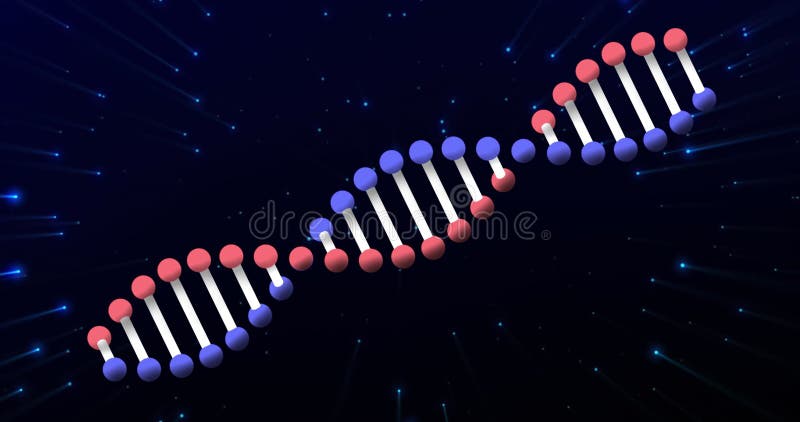 Digital image of dna structure spinning against blue shining particles on black background stock photos